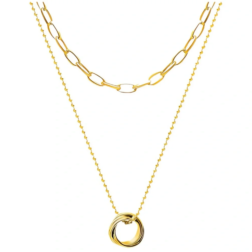 Gold Layered Circle Pendant Necklace Stainless Steel Paperclip Chain Set
